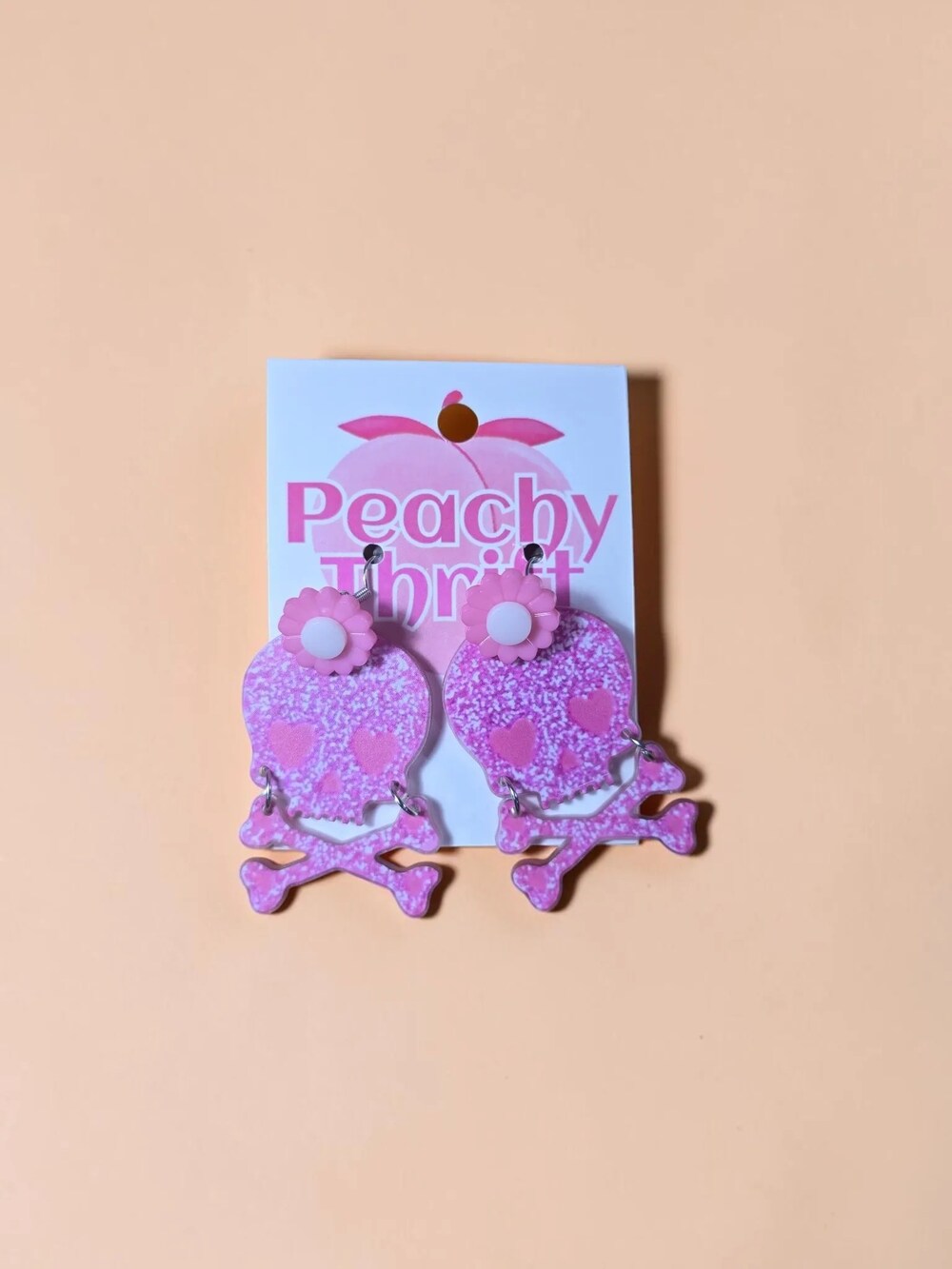 Spooky Cute Pink Flower Skull & Heart Eyed Crossbones Statement Earrings